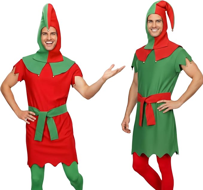 Elf Costumes Adult Halloween Costume Set 2 Styles Christmas Cosplay Outfits Elf Suit with Hat & Belt Festive Elves Suit