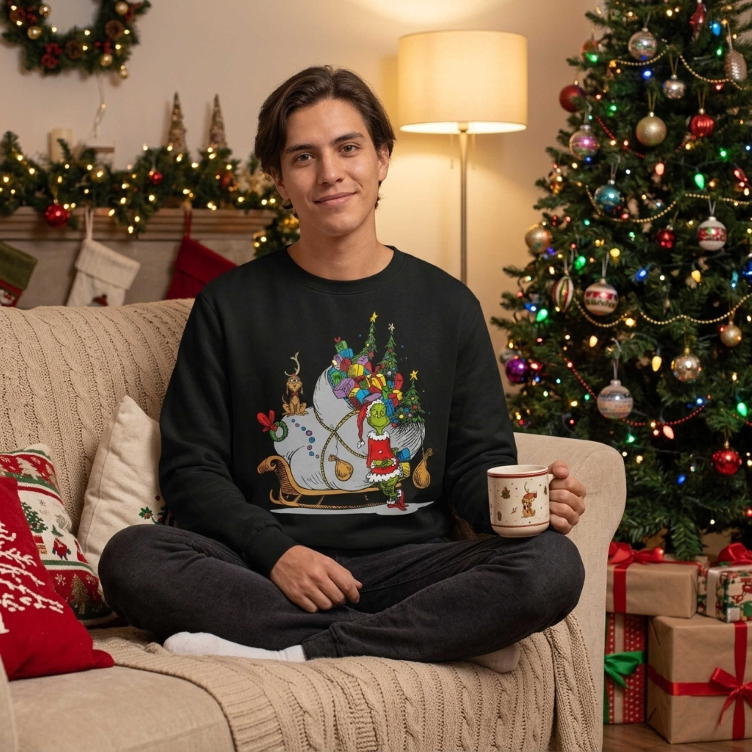 The Grinch on Sleigh with Max Christmas Officially Licensed Adult Unisex Sweater