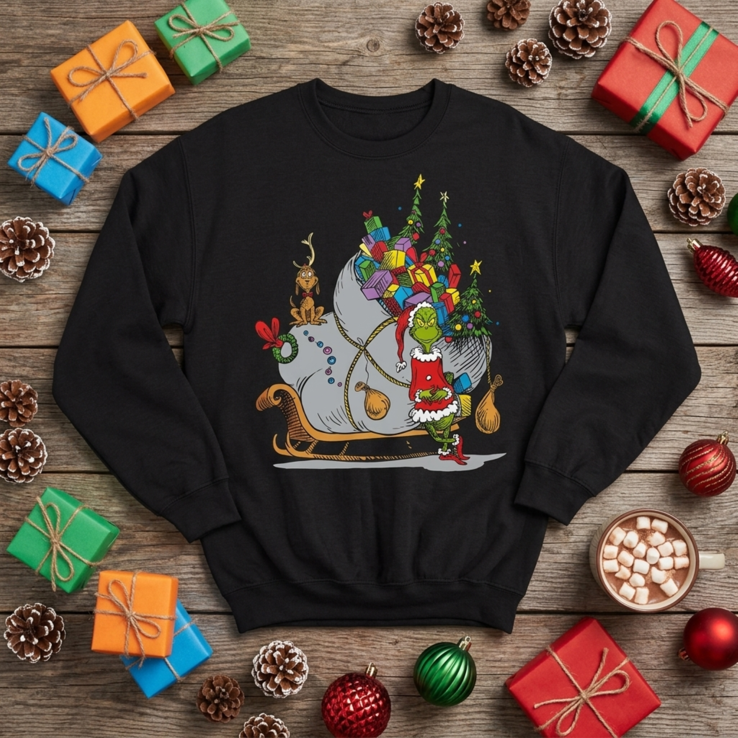 The Grinch on Sleigh with Max Christmas Officially Licensed Adult Unisex Sweater