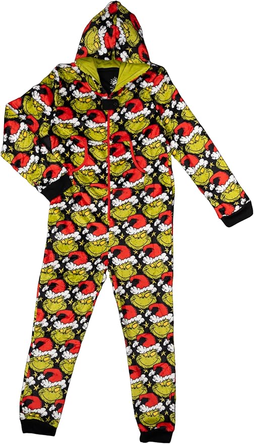 Kids Unisex Grinch Santa Hat Holiday Season Jumpsuit Pajamas