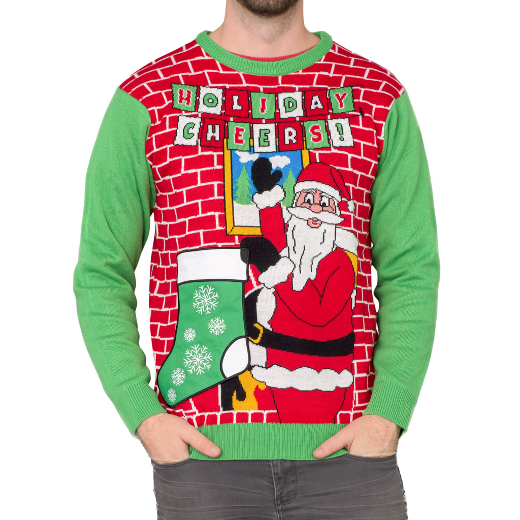 Holiday Cheers! Santa with Beer Holder Stocking Ugly Christmas Sweater