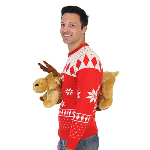 Red 3-D Ugly Christmas Sweater with Stuffed Moose