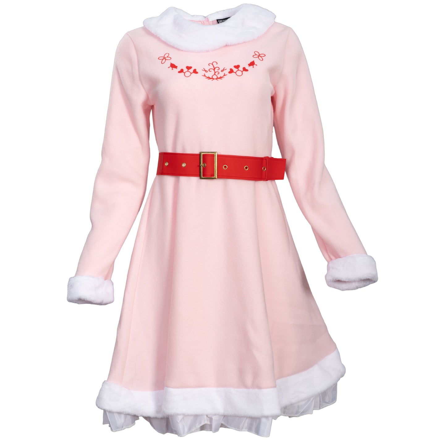 Mrs. Elf Christmas Halloween Costume Adults Holiday Pink Dress, Red Belt & Hat Festive Women’s Elf Outfit