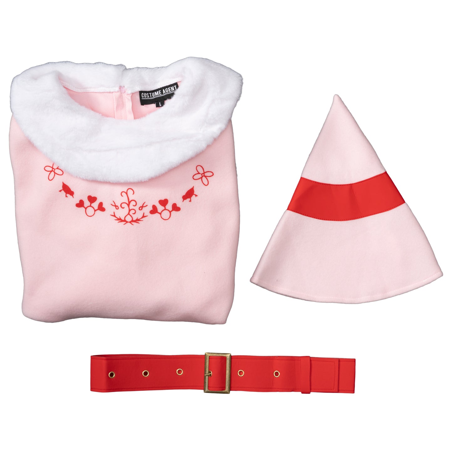 Mrs. Elf Christmas Halloween Costume Adults Holiday Pink Dress, Red Belt & Hat Festive Women’s Elf Outfit
