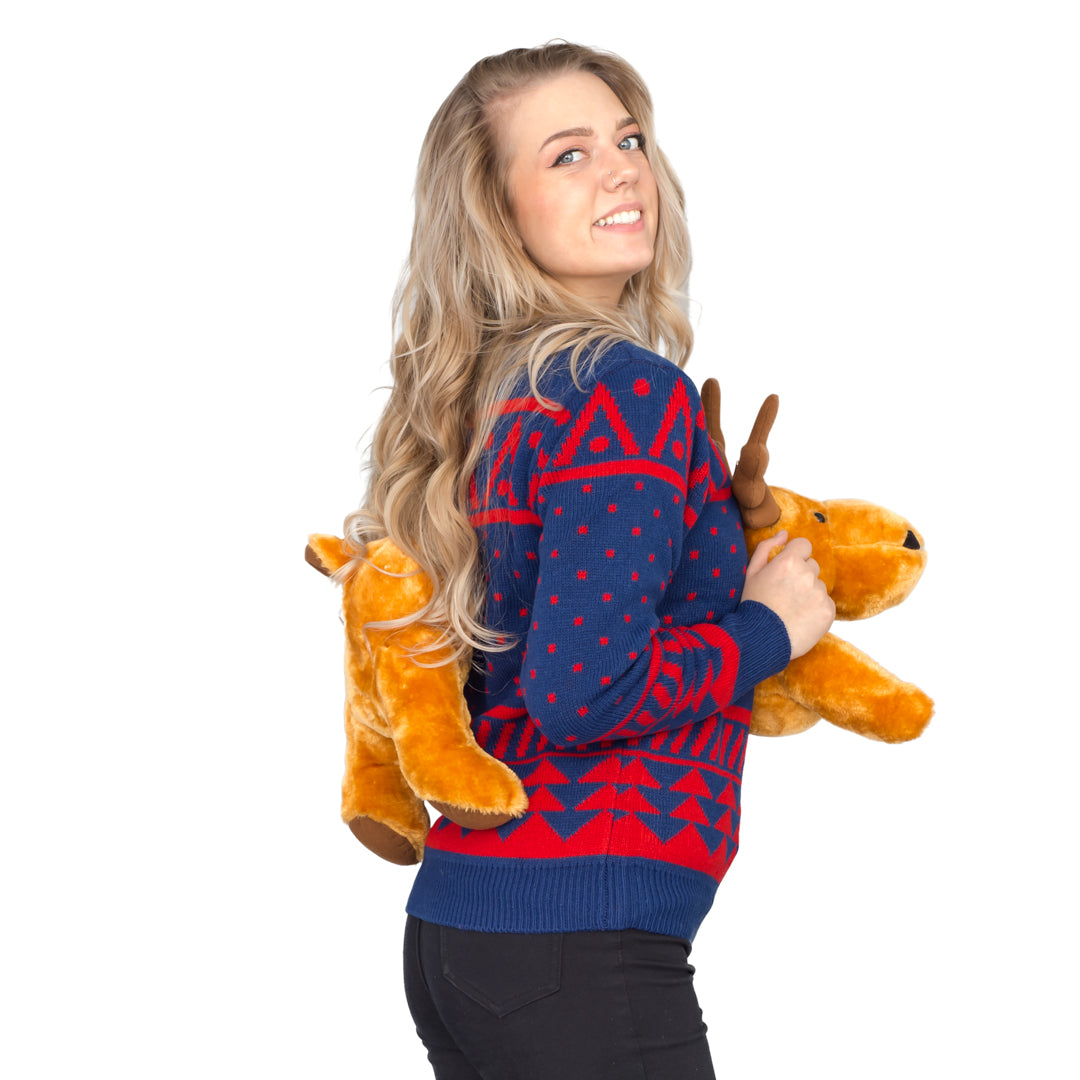 Women's Navy 3-D Christmas Sweater with Stuffed Moose Ugly Christmas Sweater