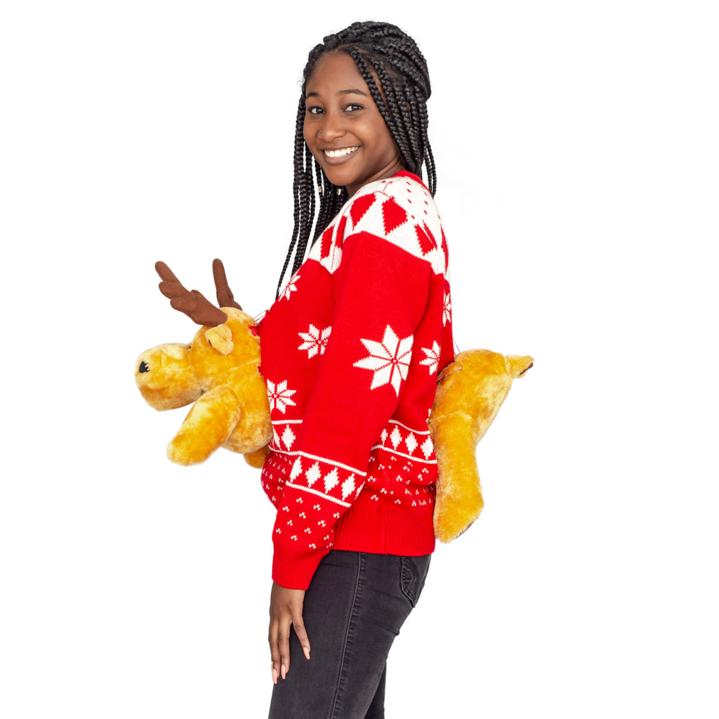 Women's Red 3-D Ugly Christmas Sweater with Stuffed Moose