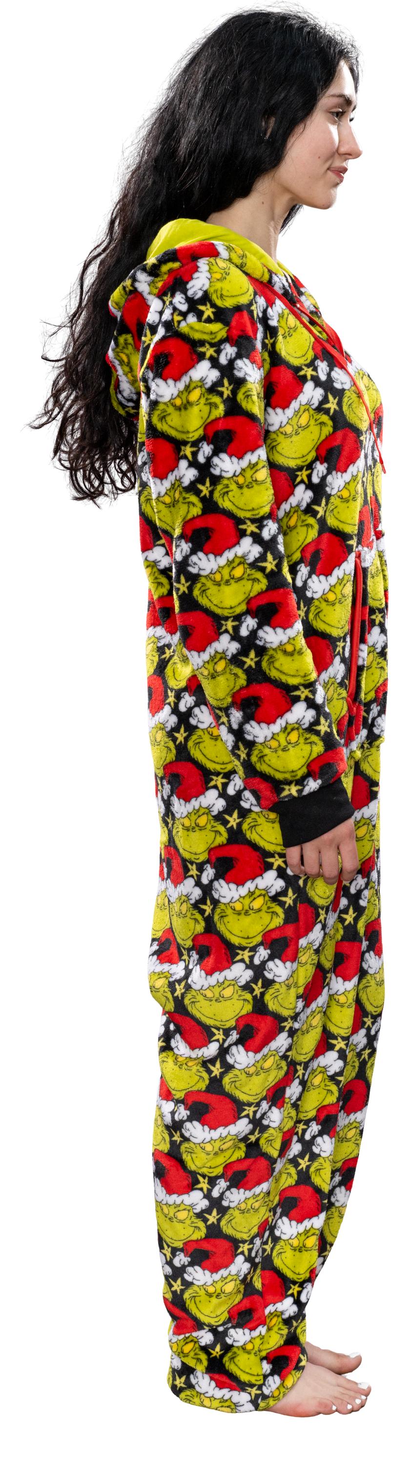 Grinch with Santa Hat Face All Over Pajamas Jumpsuit Christmas Union Suit with Hood and Pockets for Mens and Womens