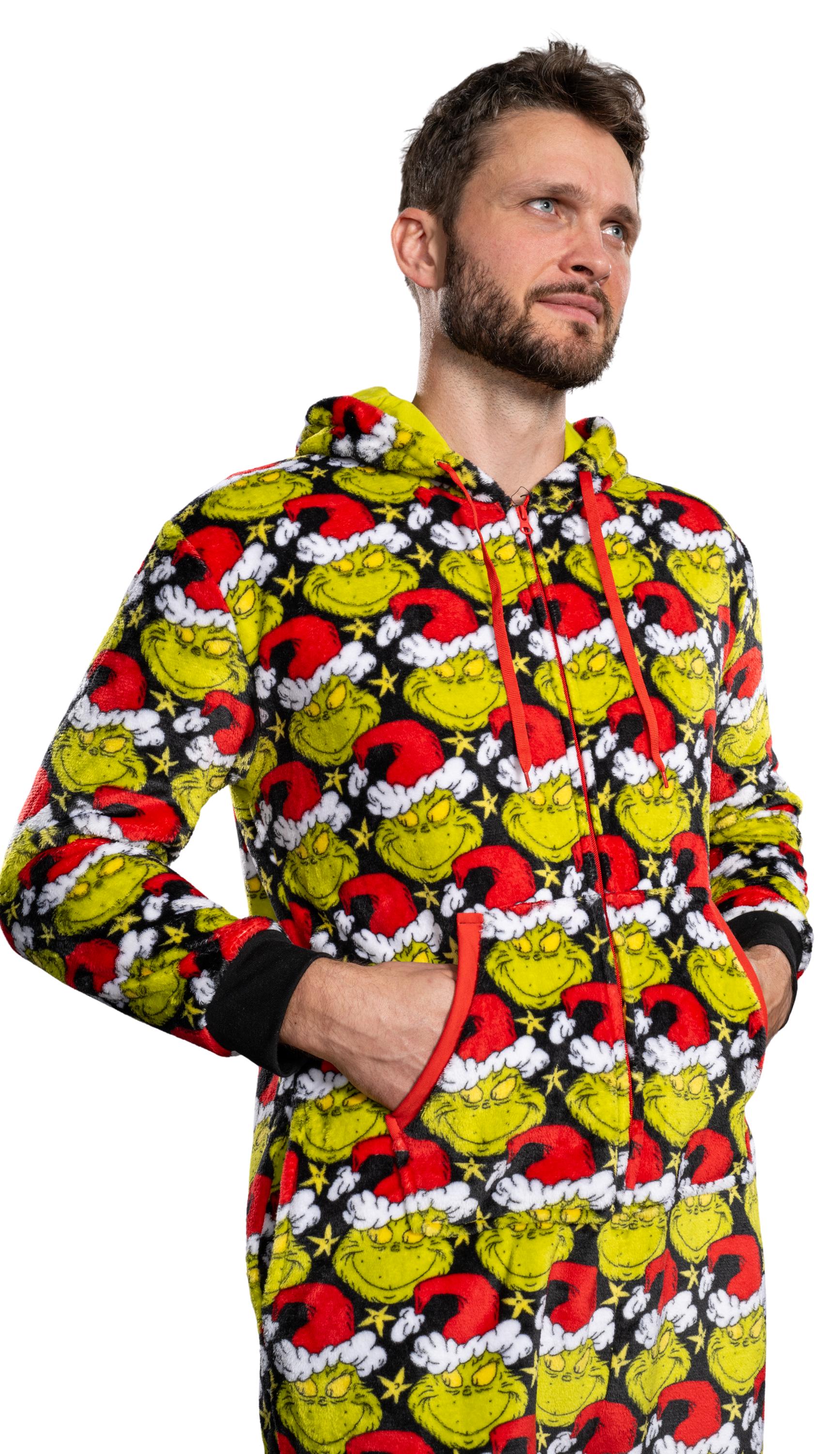 Grinch with Santa Hat Face All Over Pajamas Jumpsuit Christmas Union Suit with Hood and Pockets for Mens and Womens