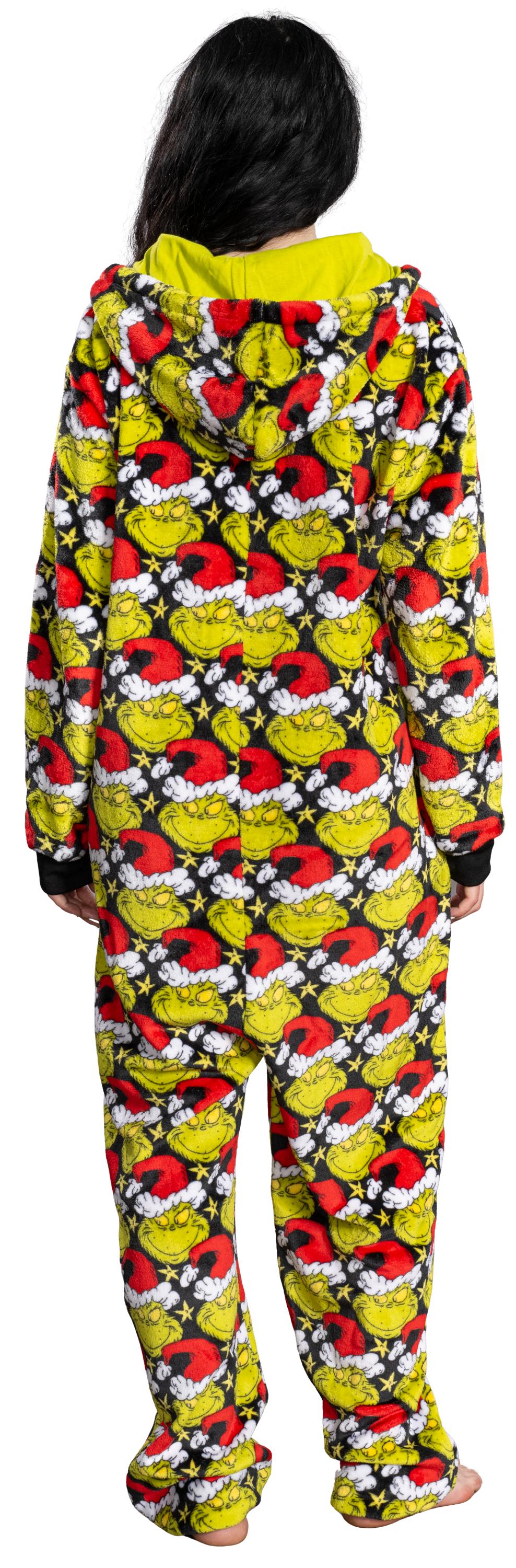 Grinch with Santa Hat Face All Over Pajamas Jumpsuit Christmas Union Suit with Hood and Pockets for Mens and Womens