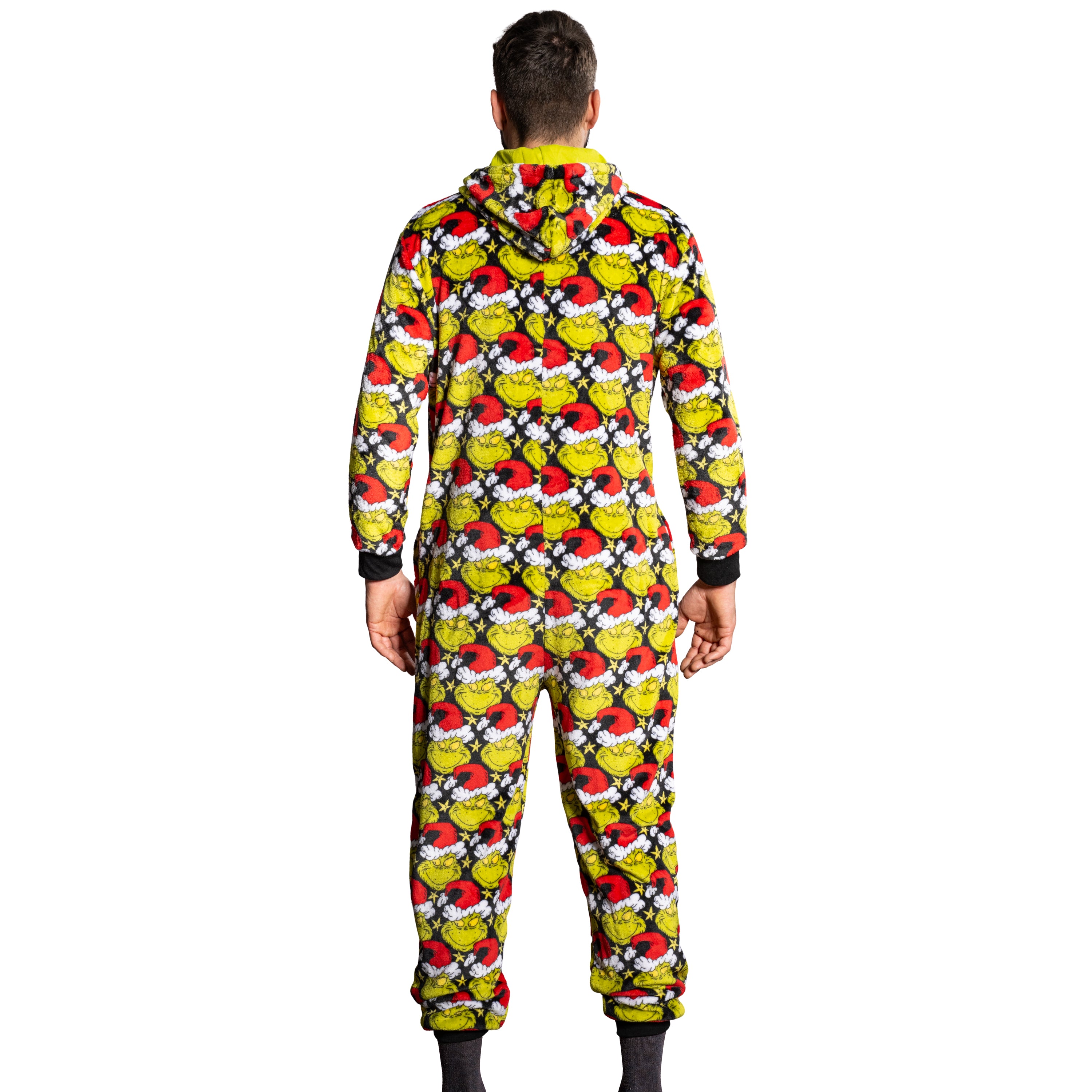 Grinch with Santa Hat Face All Over Pajamas Jumpsuit Christmas Union Suit with Hood and Pockets for Mens and Womens