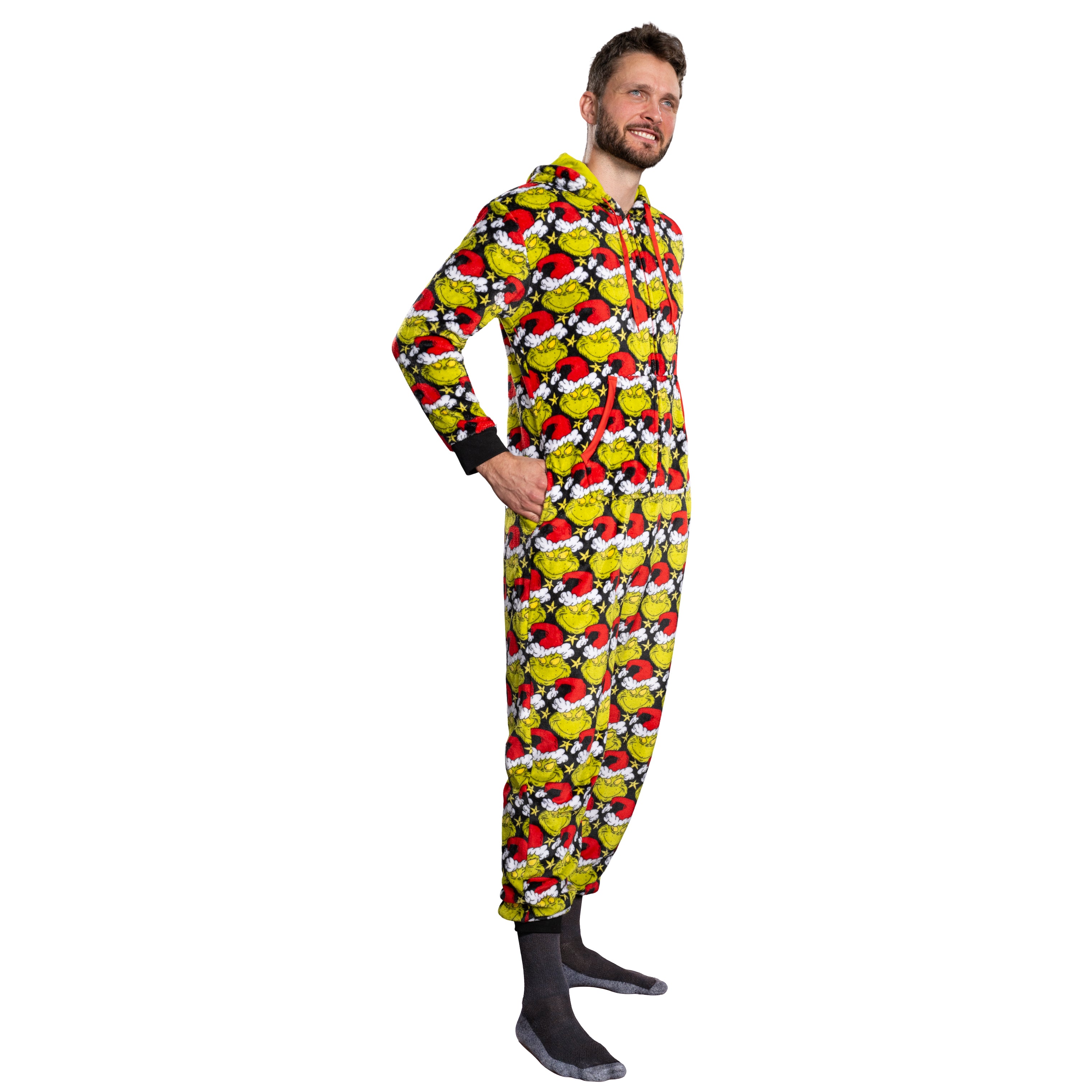 Grinch with Santa Hat Face All Over Pajamas Jumpsuit Christmas Union Suit with Hood and Pockets for Mens and Womens