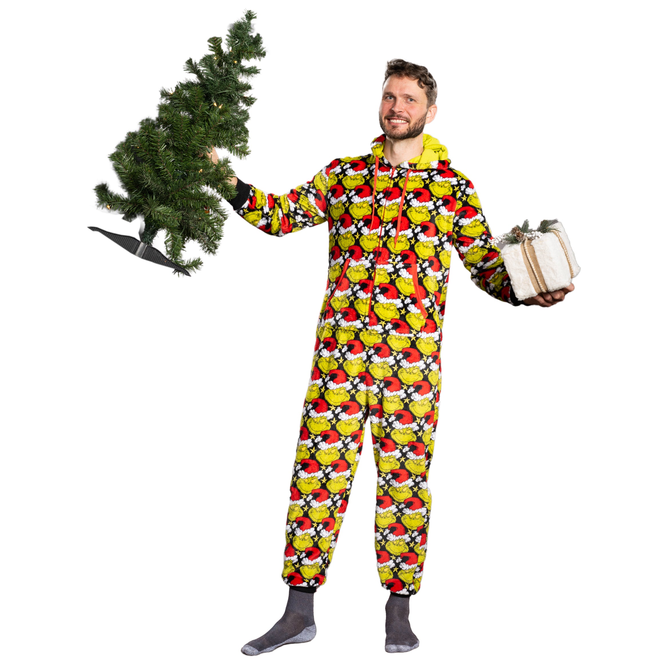 Grinch with Santa Hat Face All Over Pajamas Jumpsuit Christmas Union Suit with Hood and Pockets for Mens and Womens