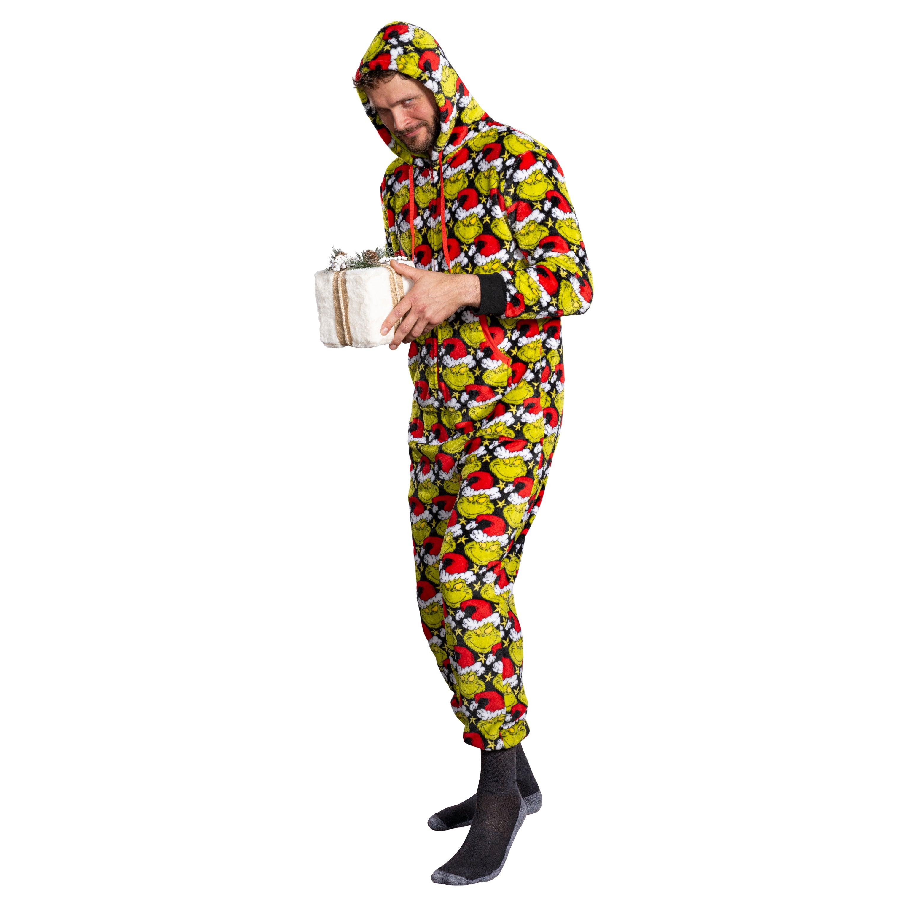 Grinch with Santa Hat Face All Over Pajamas Jumpsuit Christmas Union Suit with Hood and Pockets for Mens and Womens