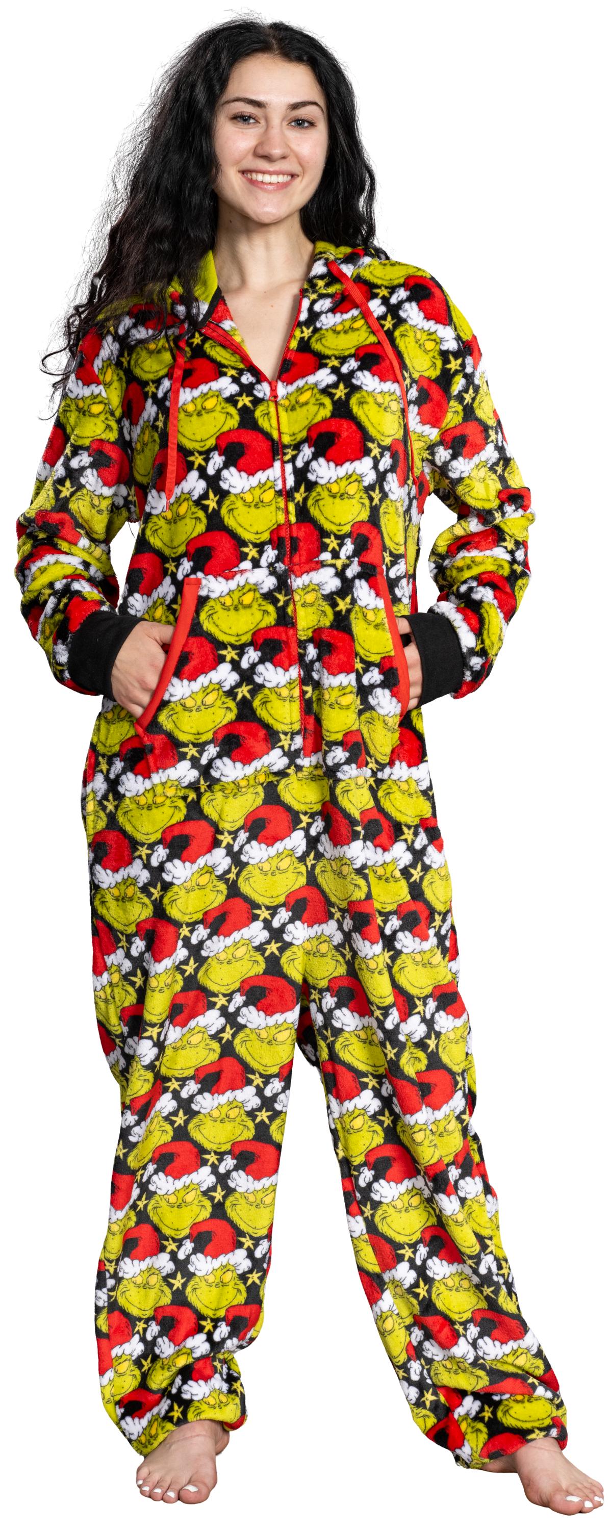 Grinch with Santa Hat Face All Over Pajamas Jumpsuit Christmas Union Suit with Hood and Pockets for Mens and Womens