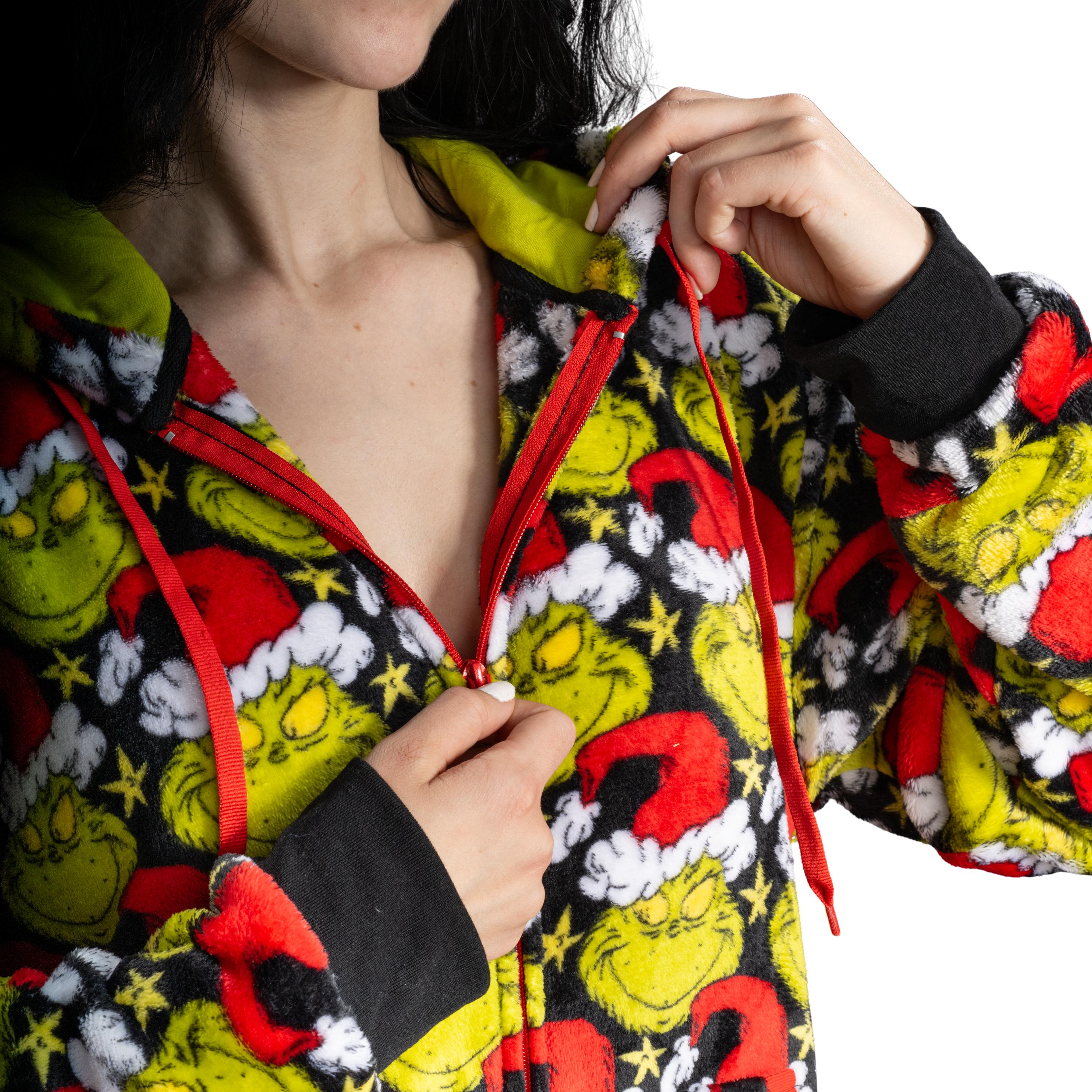 Grinch with Santa Hat Face All Over Pajamas Jumpsuit Christmas Union Suit with Hood and Pockets for Mens and Womens