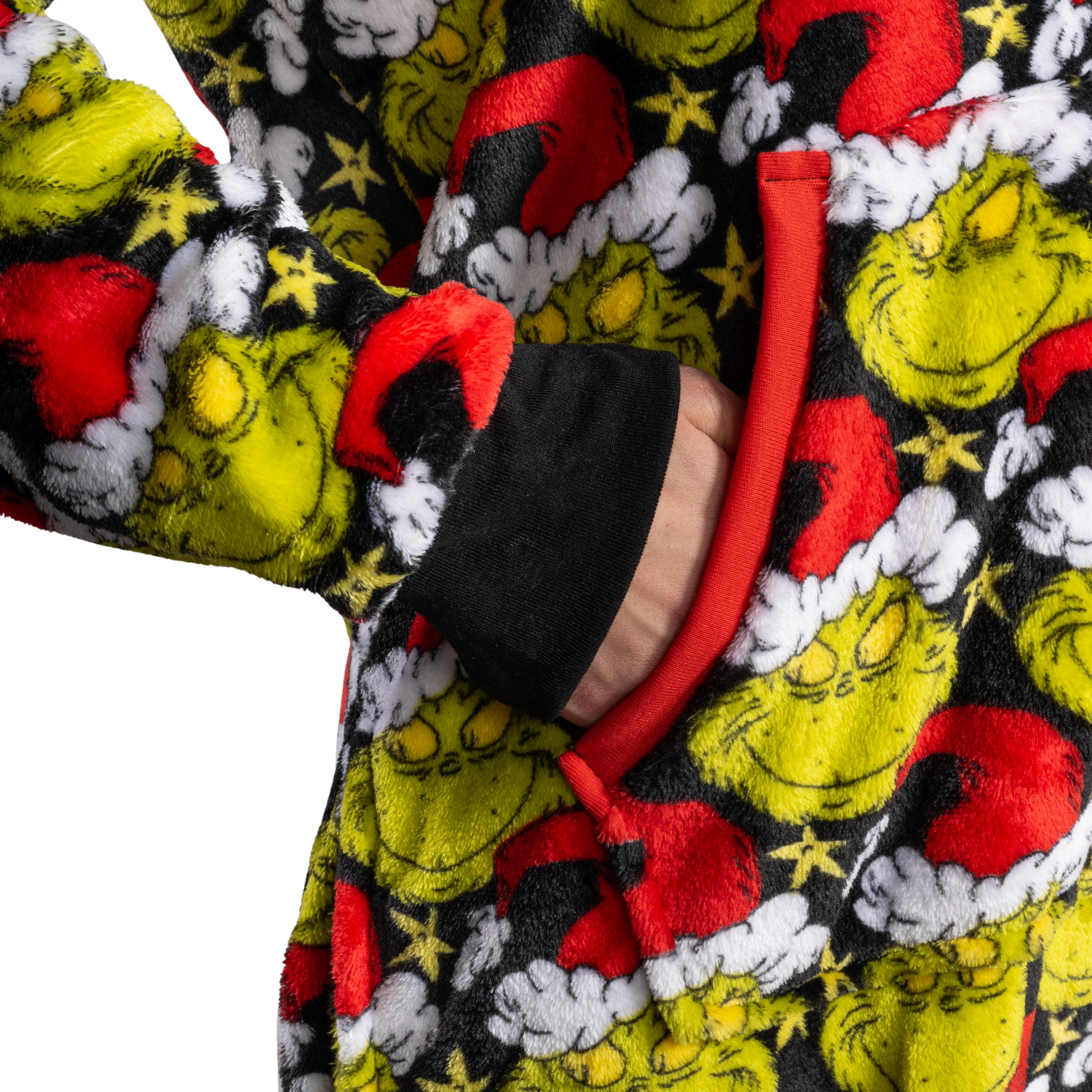 Grinch with Santa Hat Face All Over Pajamas Jumpsuit Christmas Union Suit with Hood and Pockets for Mens and Womens