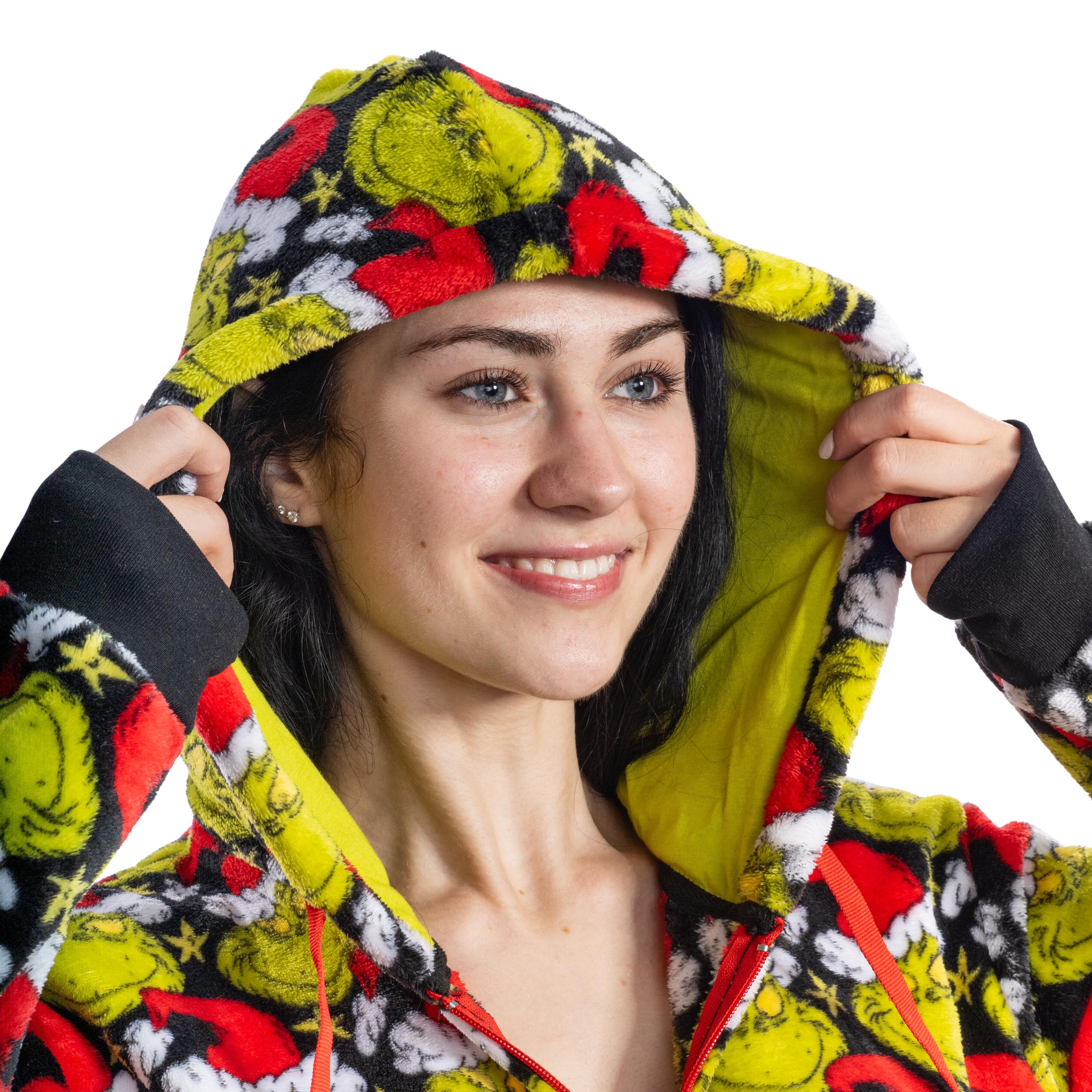 Grinch with Santa Hat Face All Over Pajamas Jumpsuit Christmas Union Suit with Hood and Pockets for Mens and Womens