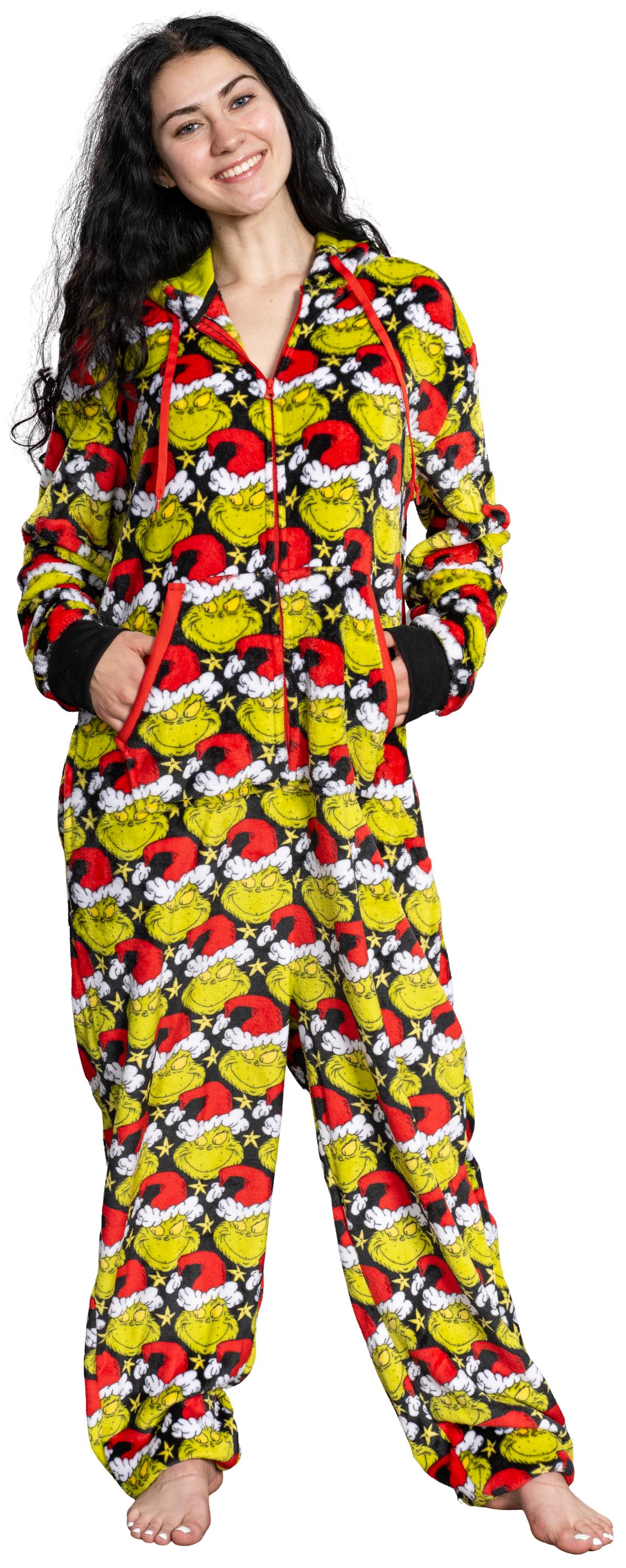 Grinch with Santa Hat Face All Over Pajamas Jumpsuit Christmas Union Suit with Hood and Pockets for Mens and Womens