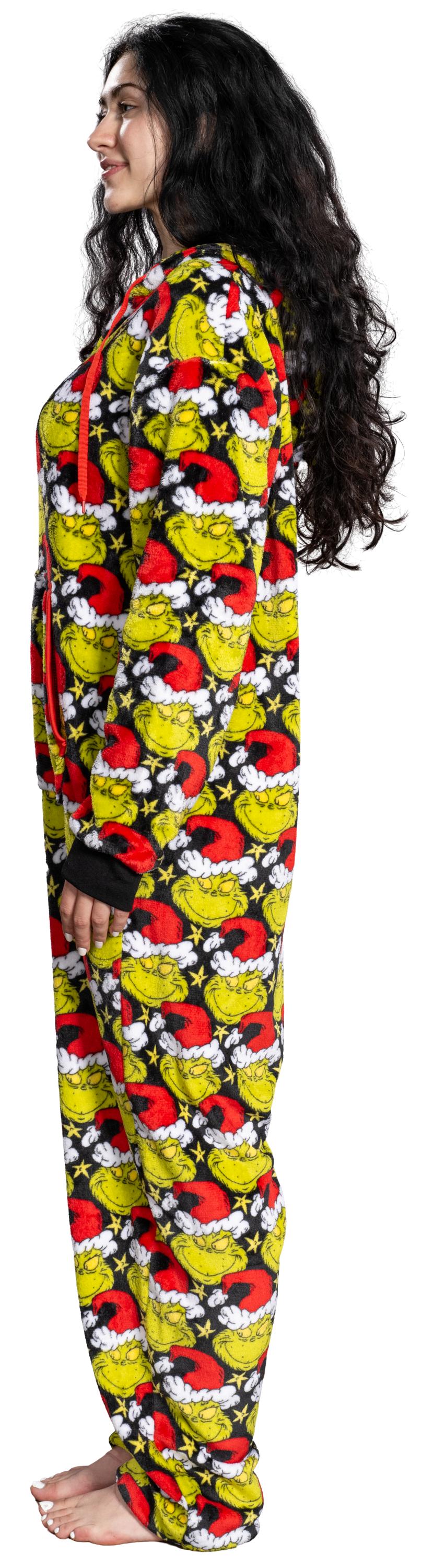Grinch with Santa Hat Face All Over Pajamas Jumpsuit Christmas Union Suit with Hood and Pockets for Mens and Womens