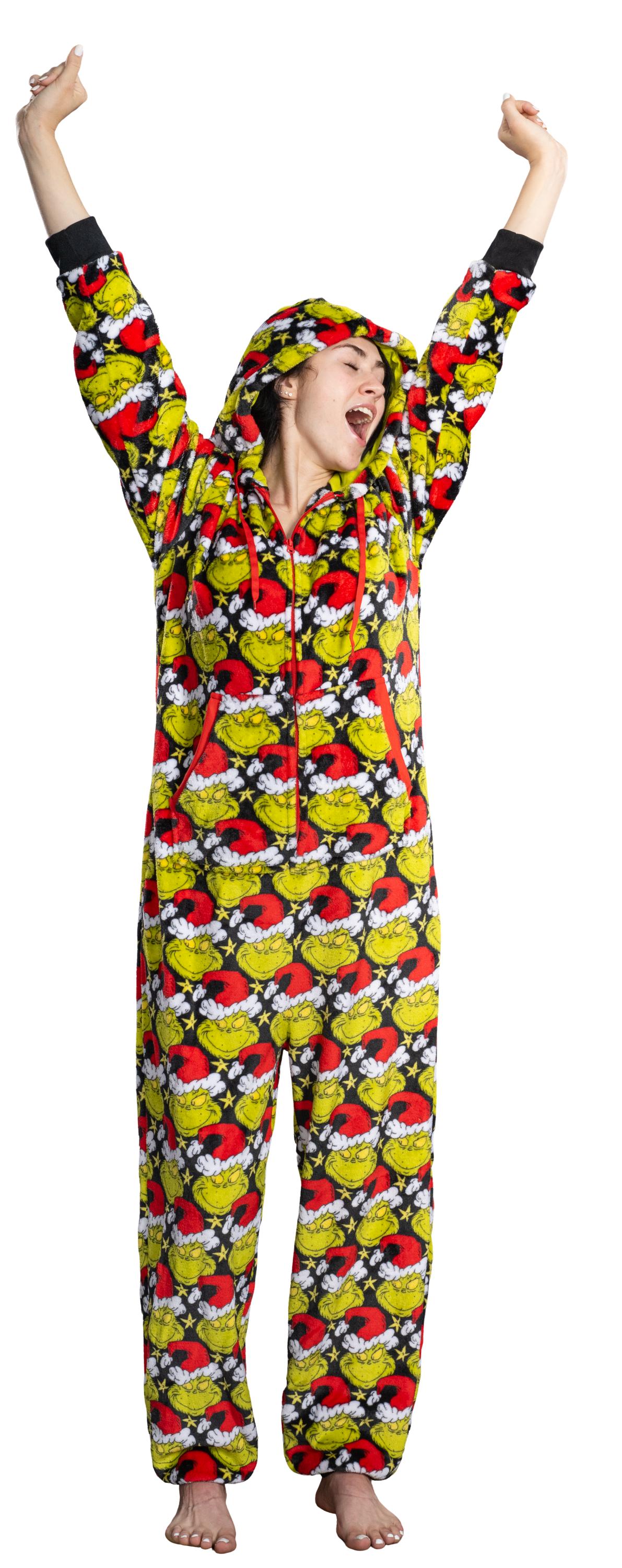 Grinch with Santa Hat Face All Over Pajamas Jumpsuit Christmas Union Suit with Hood and Pockets for Mens and Womens