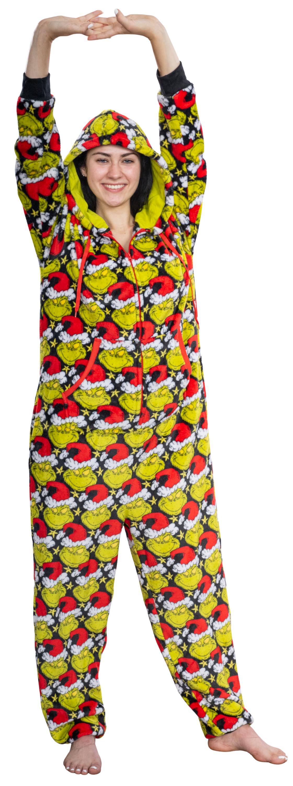 Grinch with Santa Hat Face All Over Pajamas Jumpsuit Christmas Union Suit with Hood and Pockets for Mens and Womens