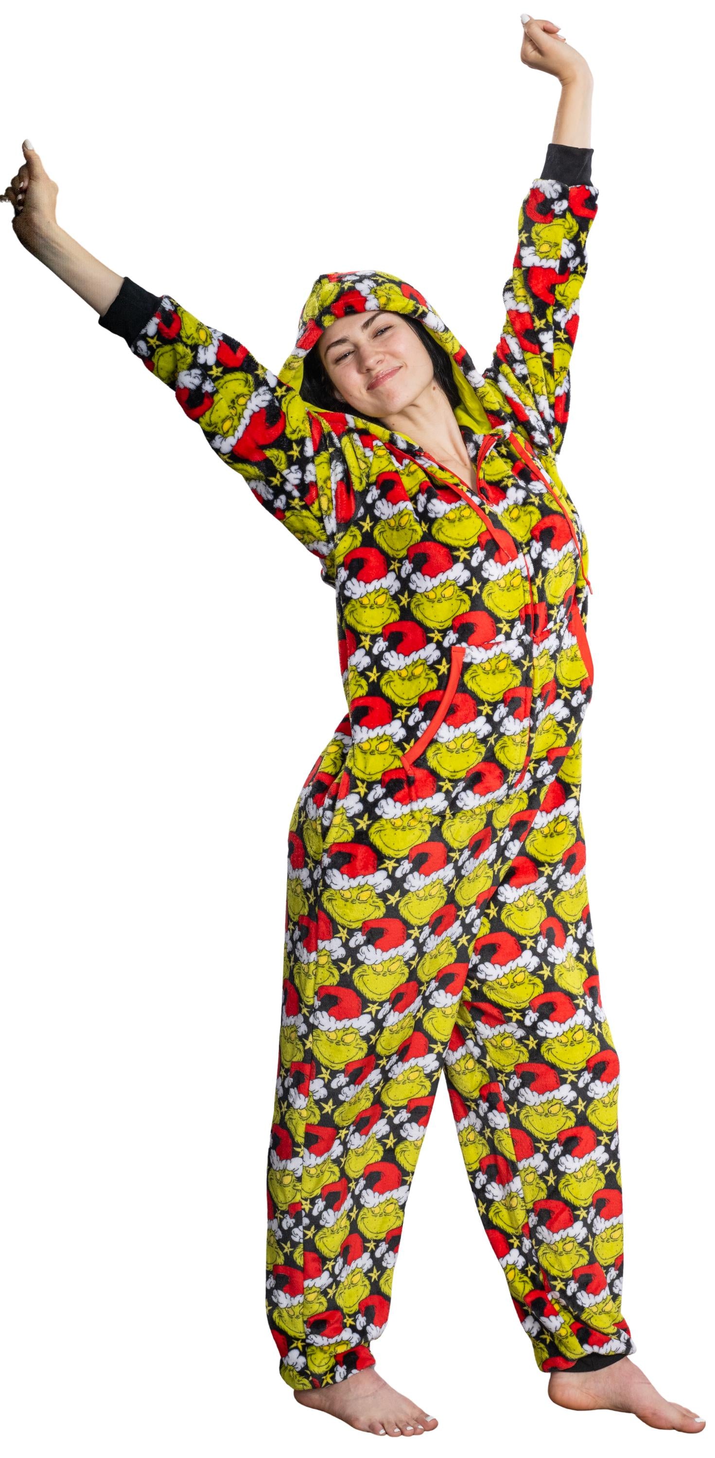 Grinch with Santa Hat Face All Over Pajamas Jumpsuit Christmas Union Suit with Hood and Pockets for Mens and Womens