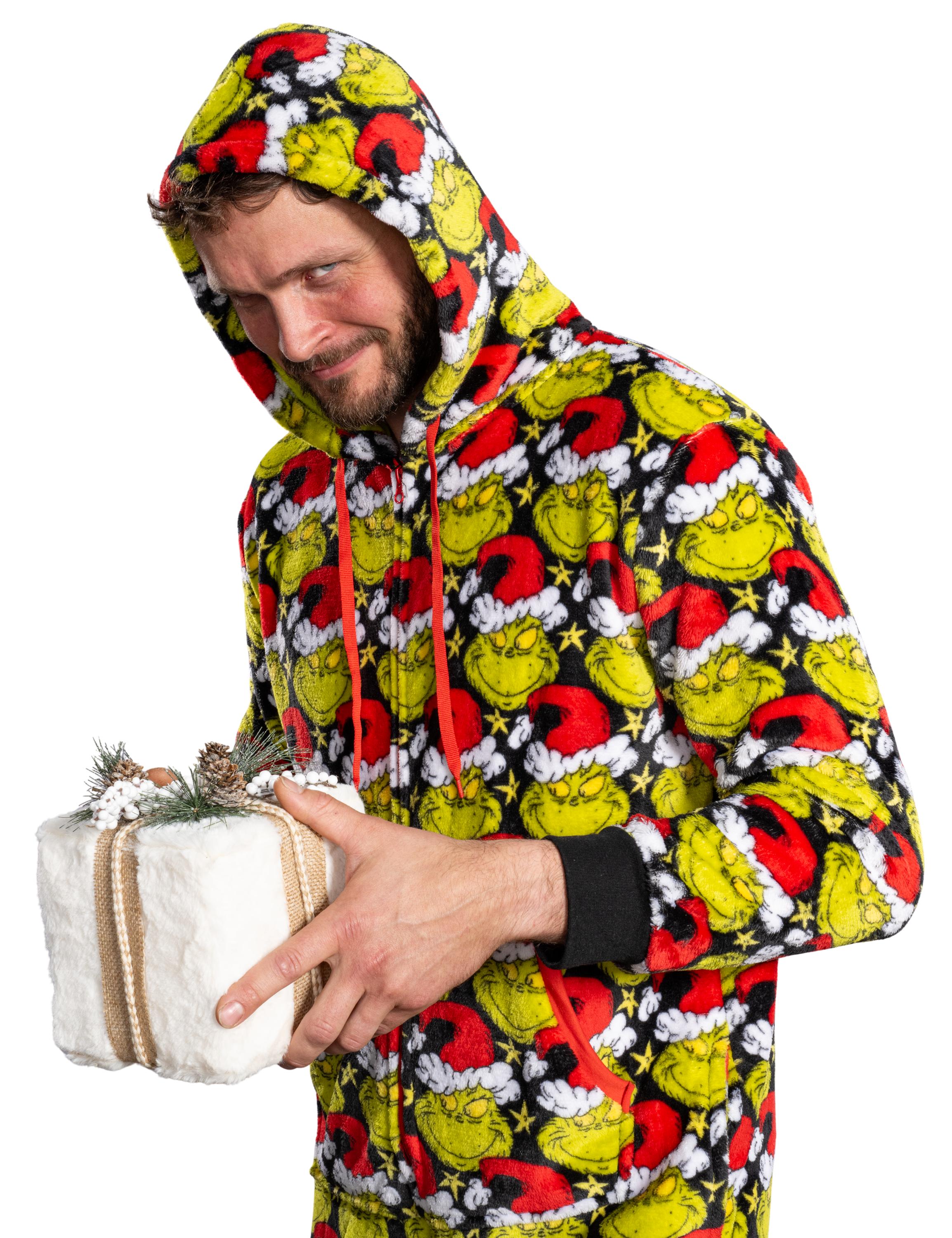 Grinch with Santa Hat Face All Over Pajamas Jumpsuit Christmas Union Suit with Hood and Pockets for Mens and Womens