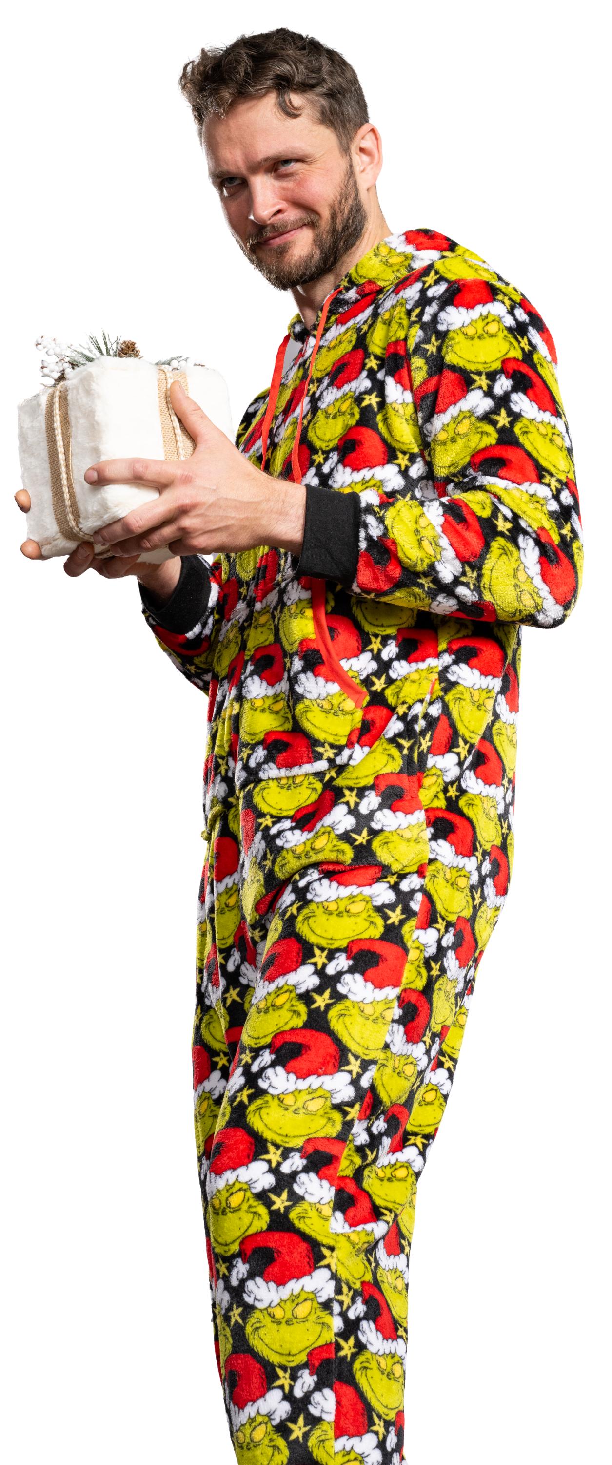 Grinch with Santa Hat Face All Over Pajamas Jumpsuit Christmas Union Suit with Hood and Pockets for Mens and Womens