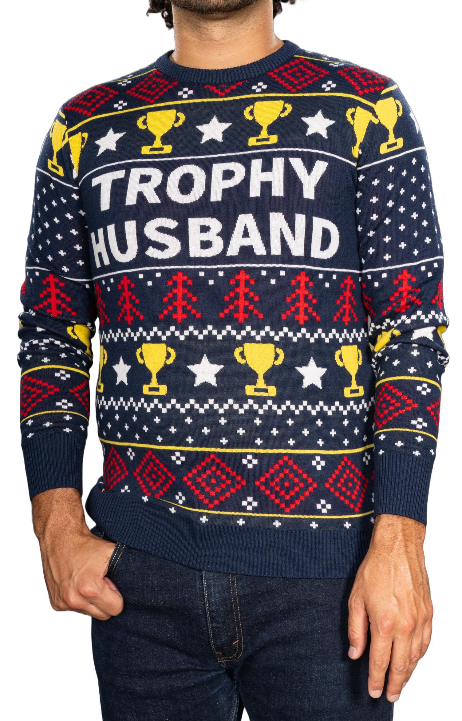 Tipsy Elves Mens Christmas Sweaters Canada Trophy Husband Funny Fully Knitted Long Sleeve Ugly Christmas Sweater