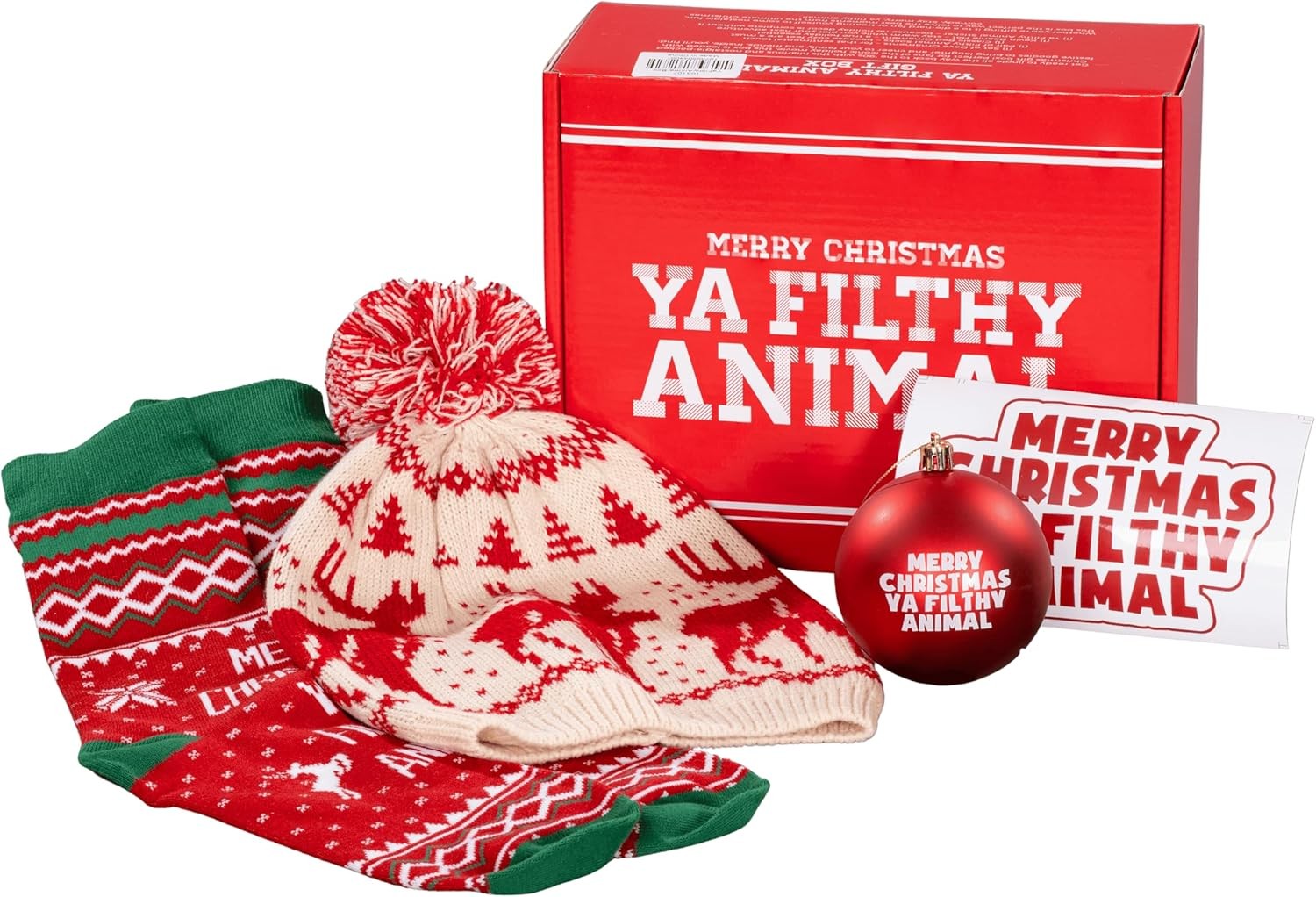 Ya Filthy Animal Merry Christmas Gift Box Set Funny Holiday Beanie Hat, Socks, Ornament & Stickers Christmas Gift Bundle