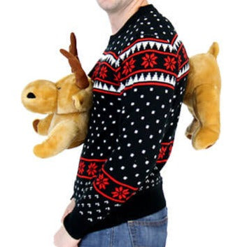 3-D Ugly Christmas Sweater with Stuffed Moose