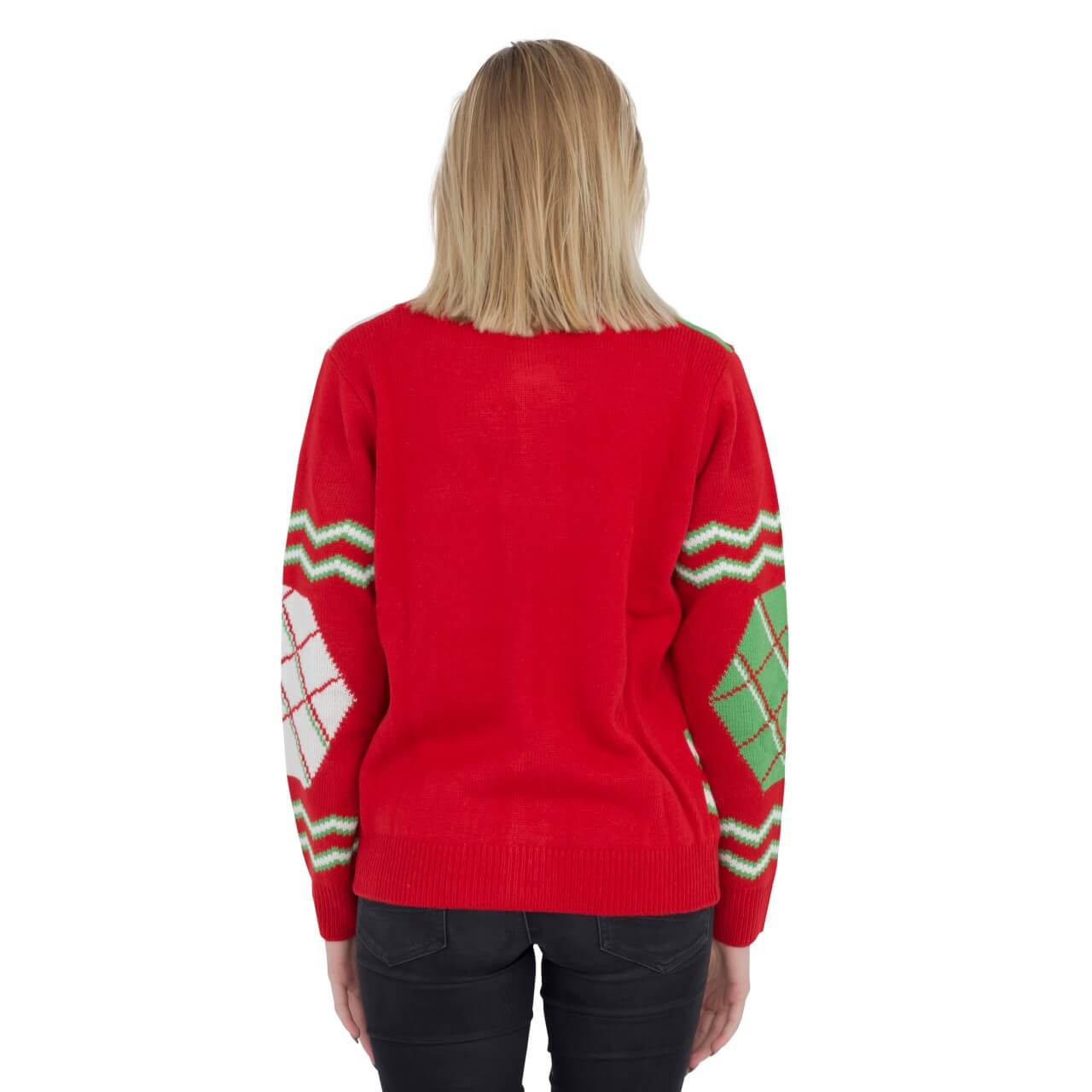 Women’s Candy Canes and Snowflakes Button Up Ugly Christmas Sweater with Bowtie Back