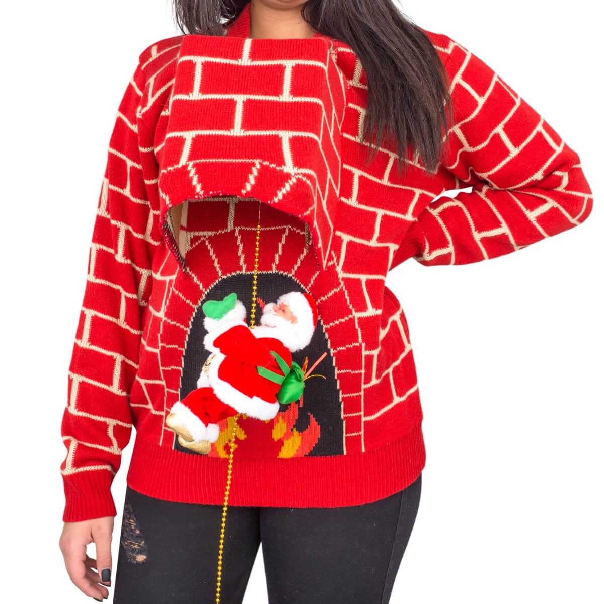 Gehuurd Gestaag Jurassic Park Women's Santa Claus 3D Chimney Climbing Ugly Christmas Sweater