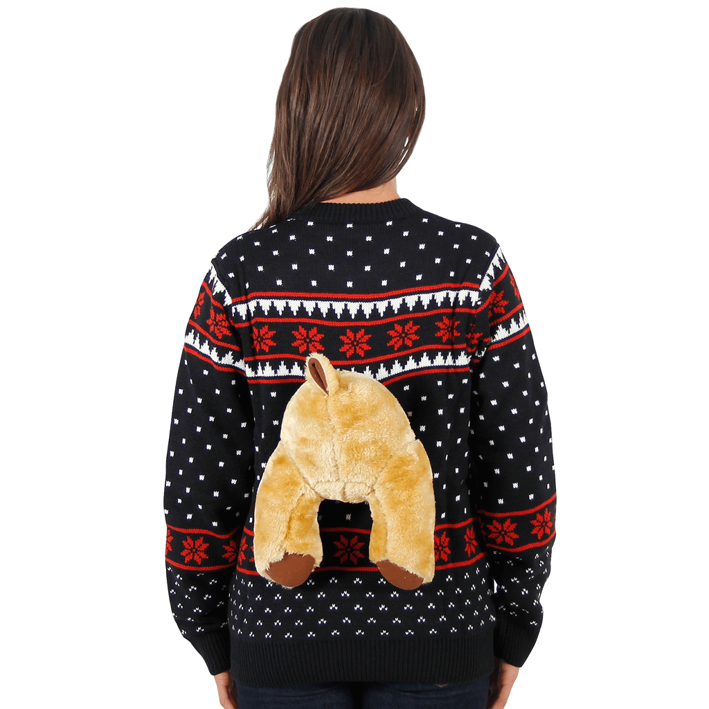 Women's Black 3D Sweater with Stuffed Moose -Back