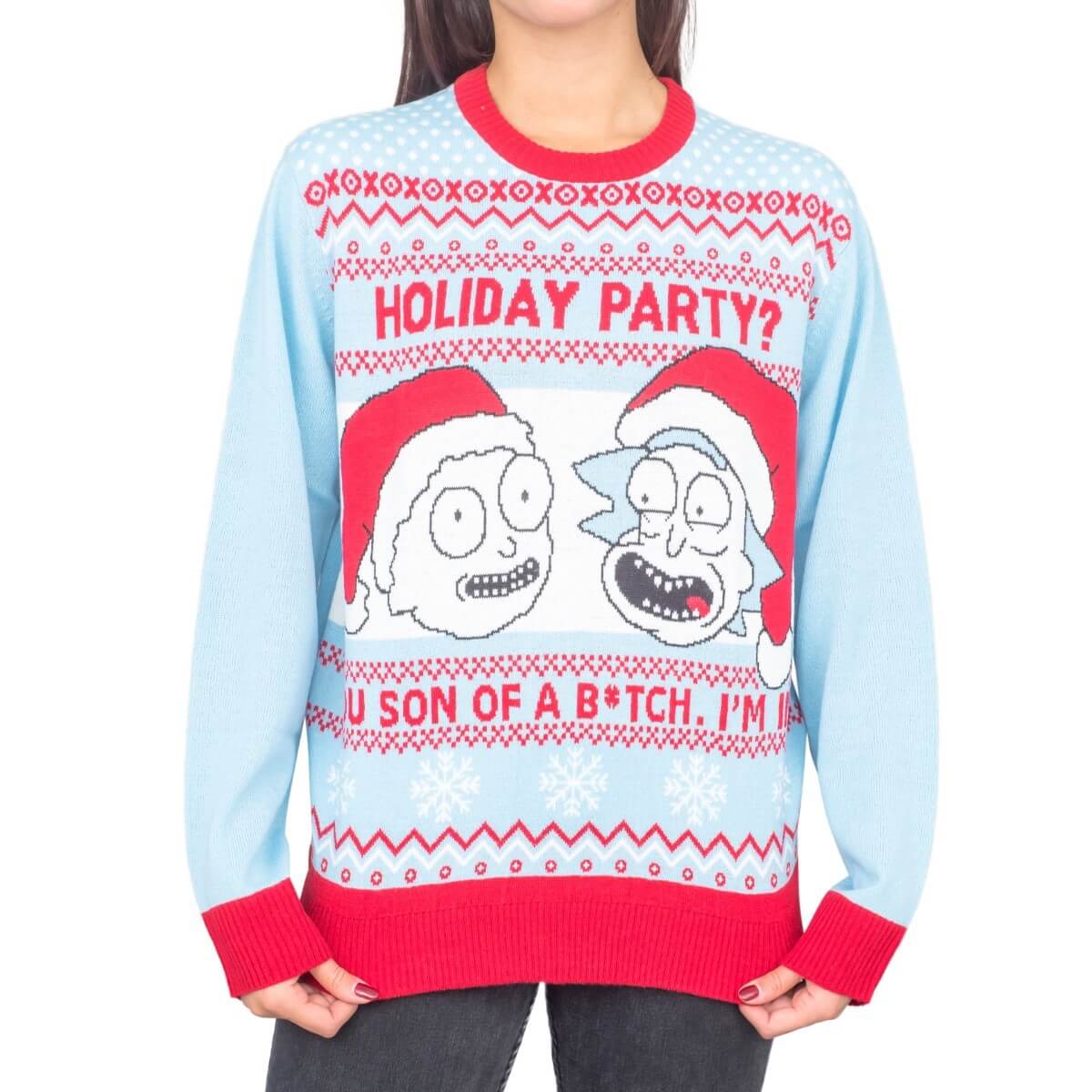 Women's Rick and Morty Holiday Party Light Blue Ugly Christmas Sweater -1