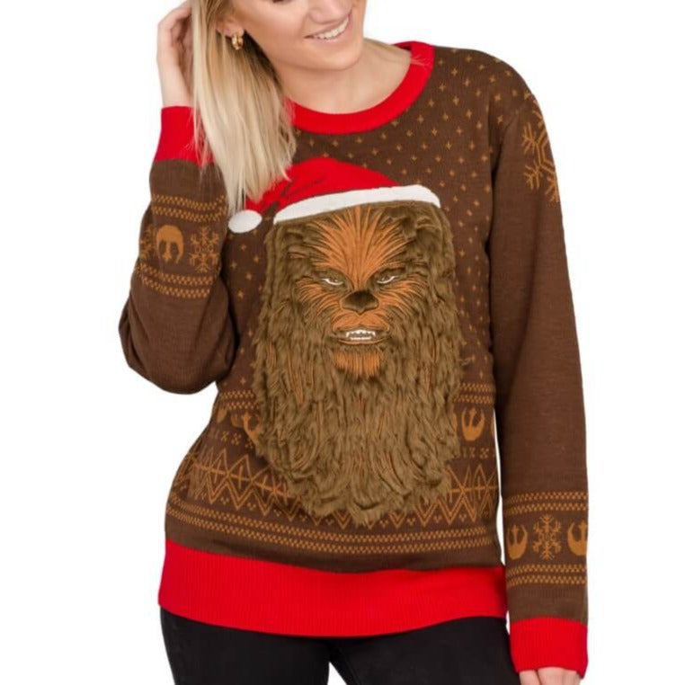 Women's Star Wars Chewbacca Furry Face with Santa Hat Ugly Sweater 1