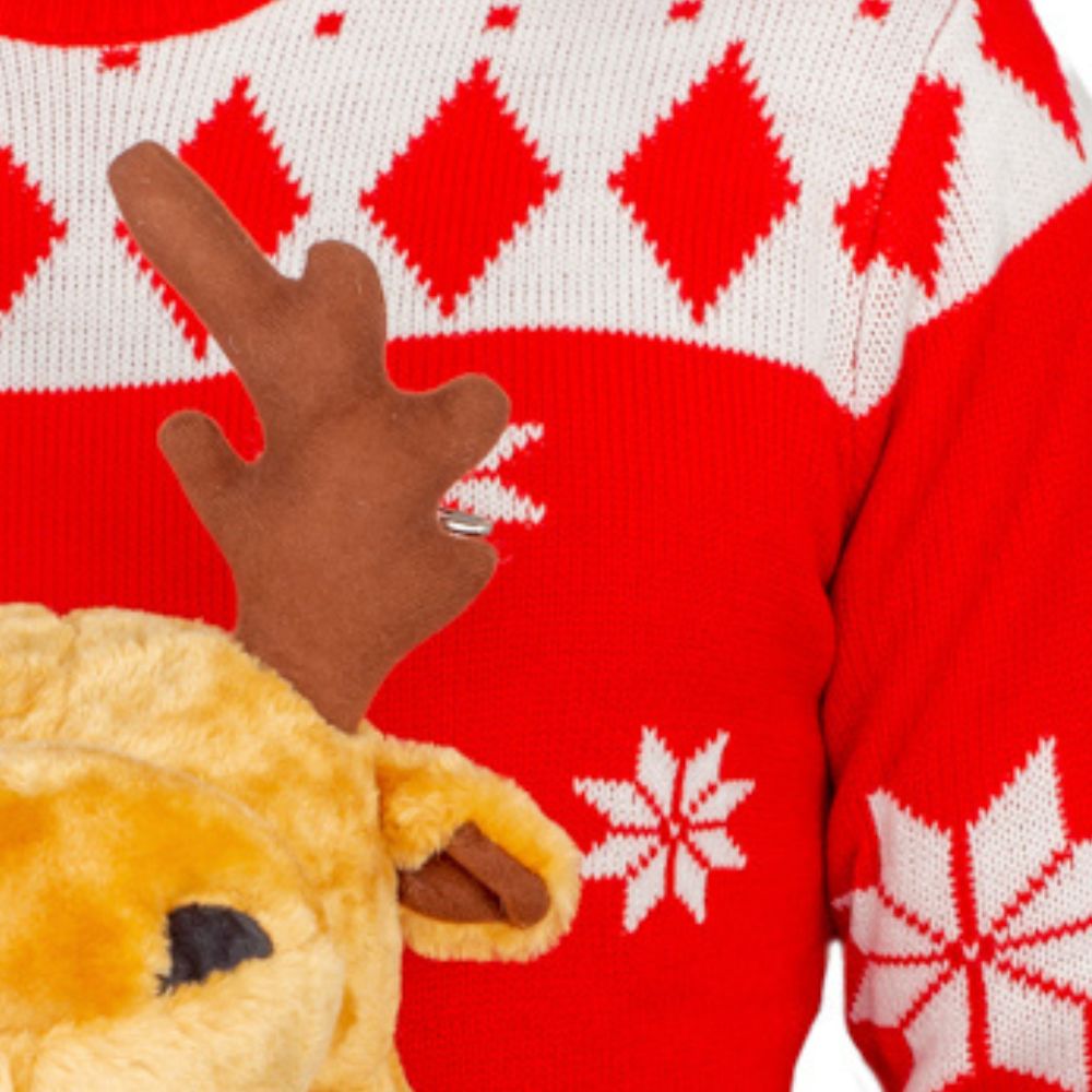 Red 3-D Ugly Christmas Sweater with Stuffed Moose