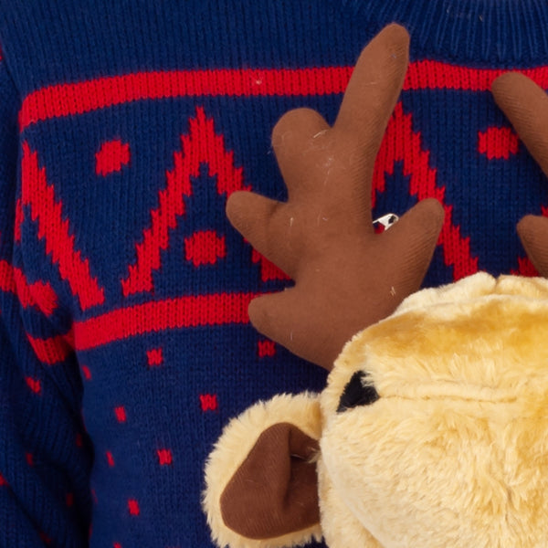 Navy 3-D Christmas Ugly Christmas Sweater with Stuffed Moose
