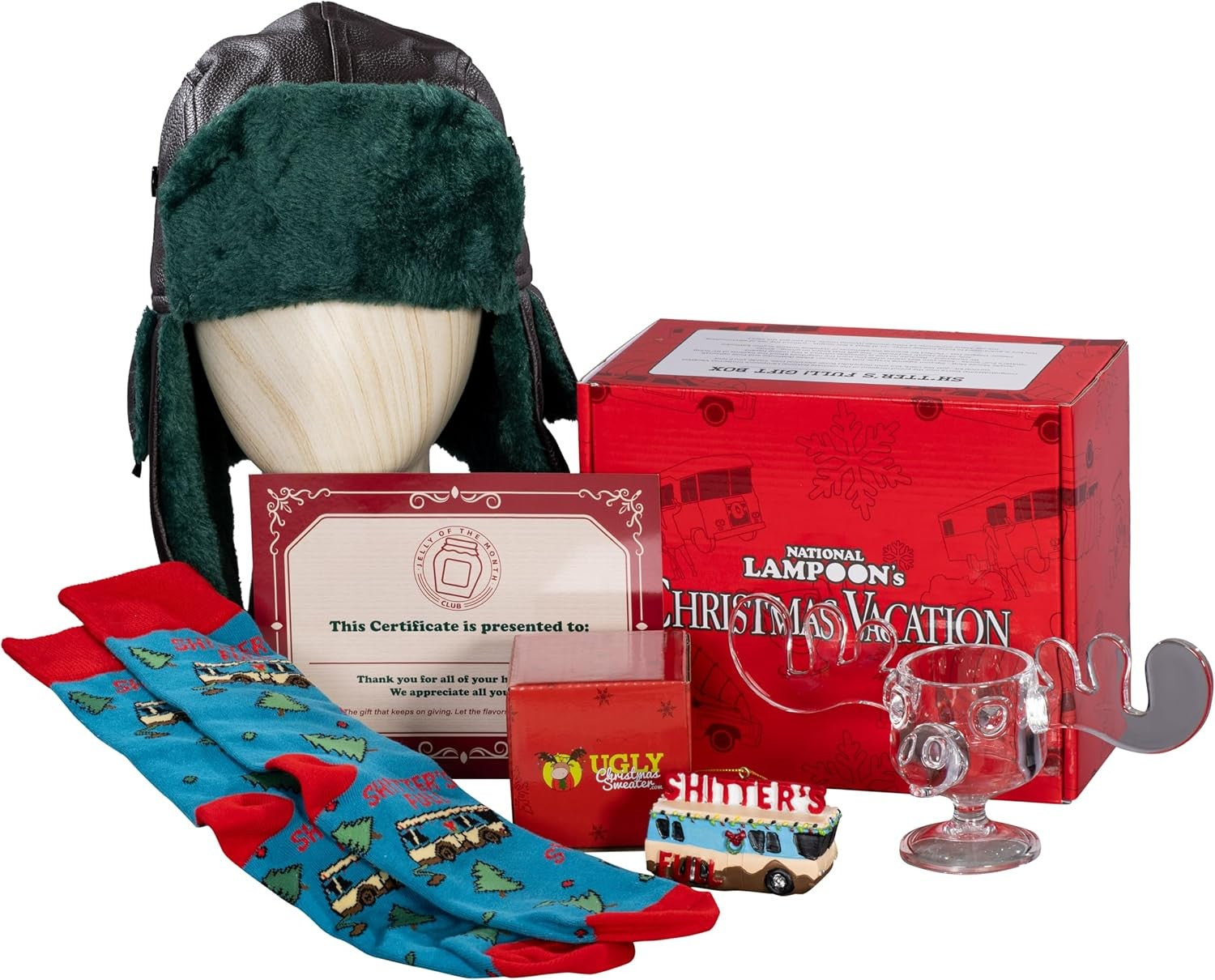 Christmas Vacation Gift Box Set – Funny Holiday Bundle with Cousin Eddie Trucker Hat, Shitters Full Socks, RV Ornament, Moose Mug Shot Glass & Jelly of the Month Certificate