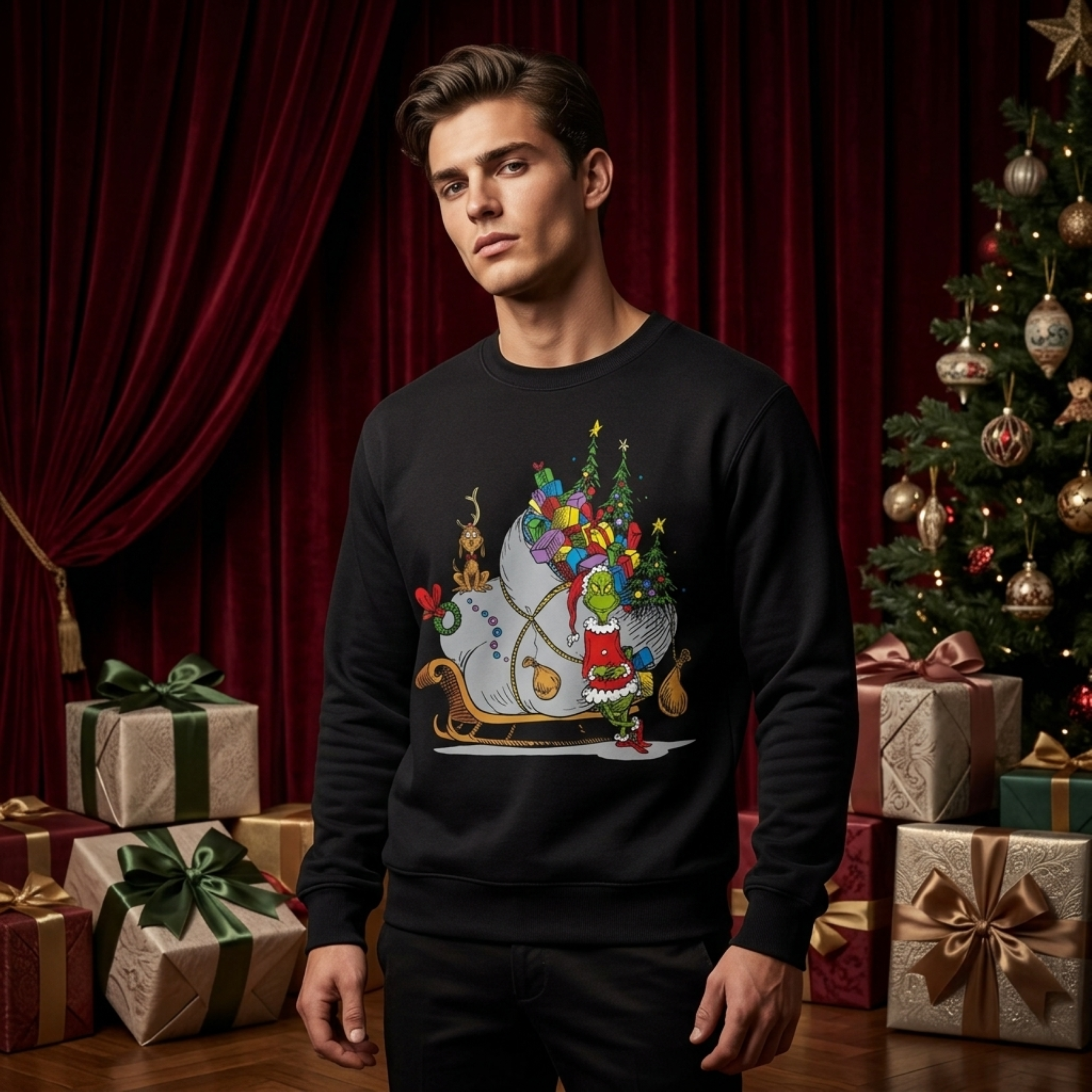 The Grinch on Sleigh with Max Christmas Officially Licensed Adult Unisex Sweater
