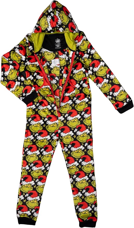 Kids Unisex Grinch Santa Hat Holiday Season Jumpsuit Pajamas