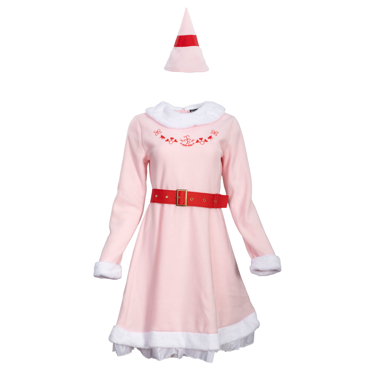 Mrs. Elf Christmas Halloween Costume Adults Holiday Pink Dress, Red Belt & Hat Festive Women’s Elf Outfit