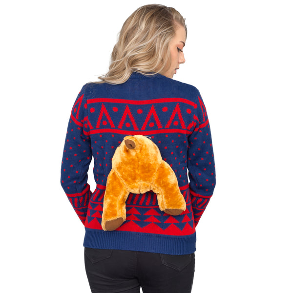 Women's Navy 3-D Christmas Sweater with Stuffed Moose Ugly Christmas Sweater