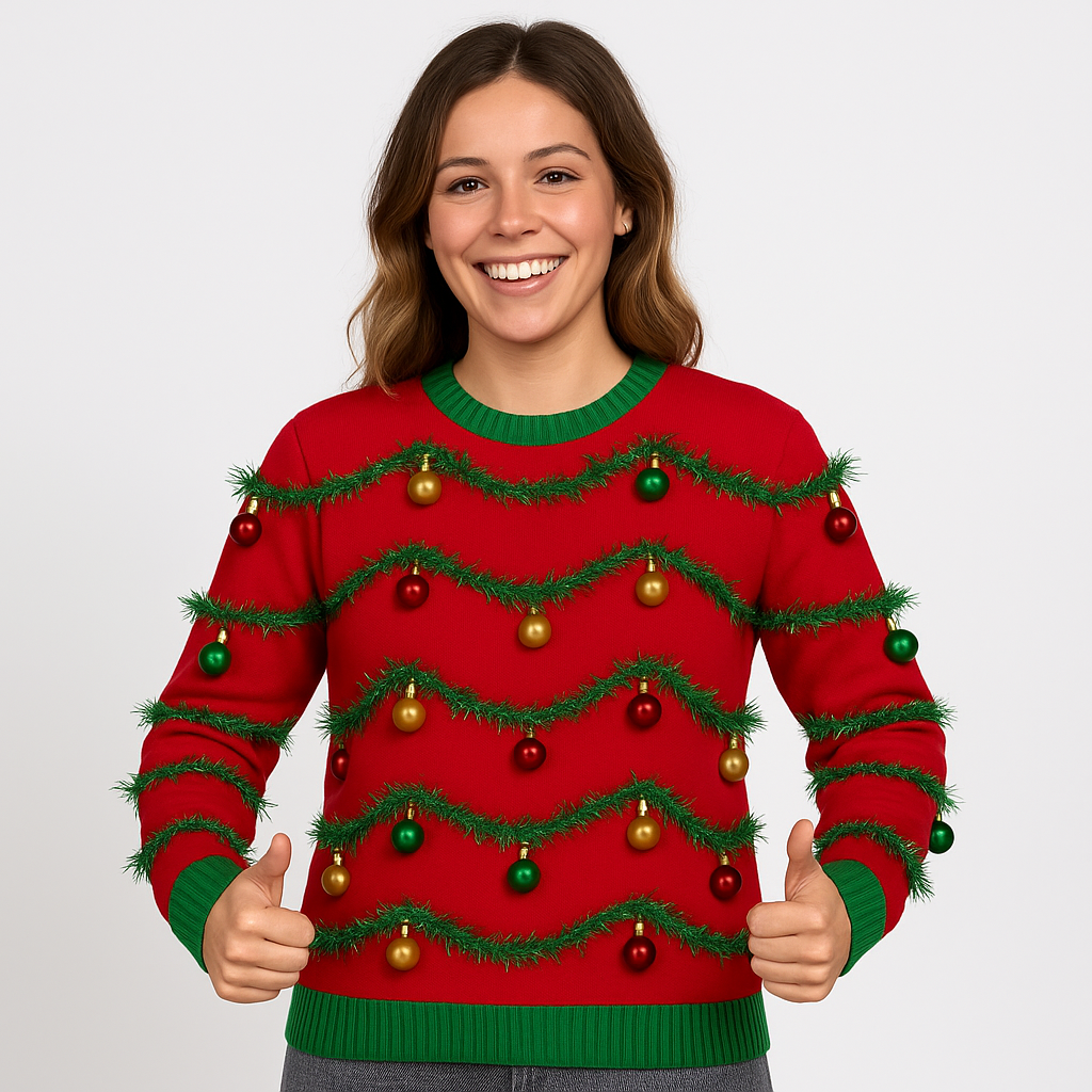 Red 3D Garland & Ornament Ugly Christmas Sweater