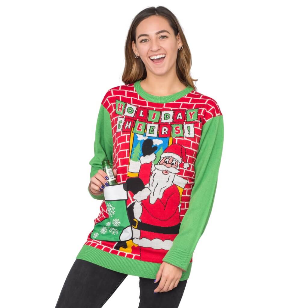 Women's Holiday Cheers! Santa with Beer Holder Stocking Ugly Christmas Sweater
