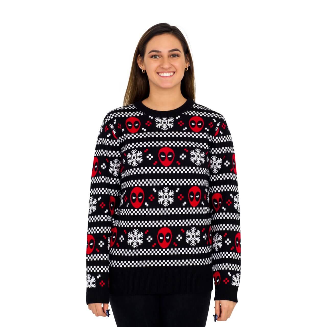 Women's Deadpool Holiday Snow Stripes Ugly Christmas Sweater