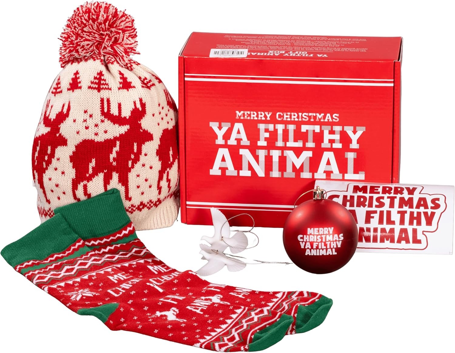 Ya Filthy Animal Merry Christmas Gift Box Set Funny Holiday Beanie Hat, Socks, Ornament & Stickers Christmas Gift Bundle