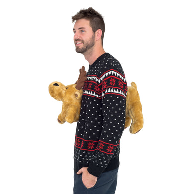 Black 3-D Sweater with Stuffed Moose