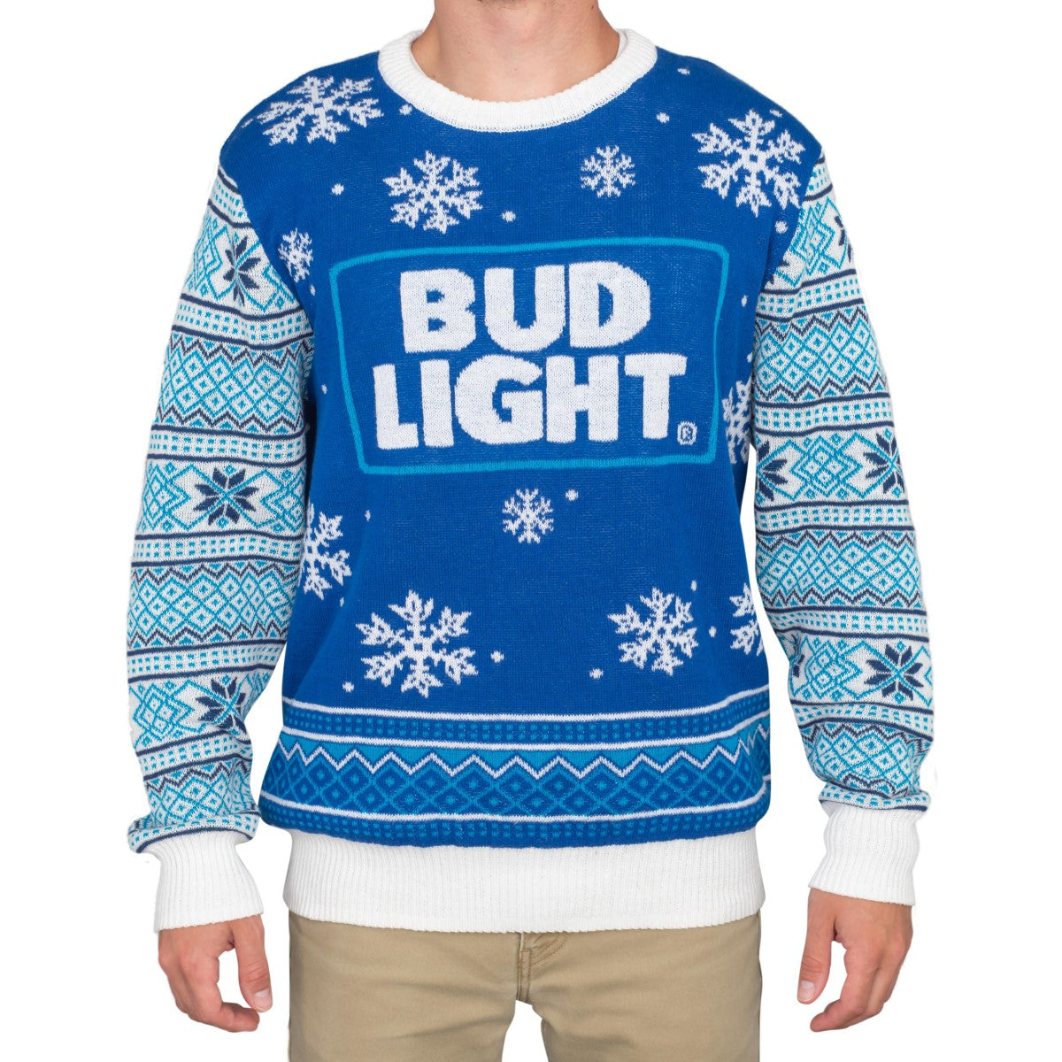 Bud Light Beer Blue and White Ugly Christmas Sweater 3