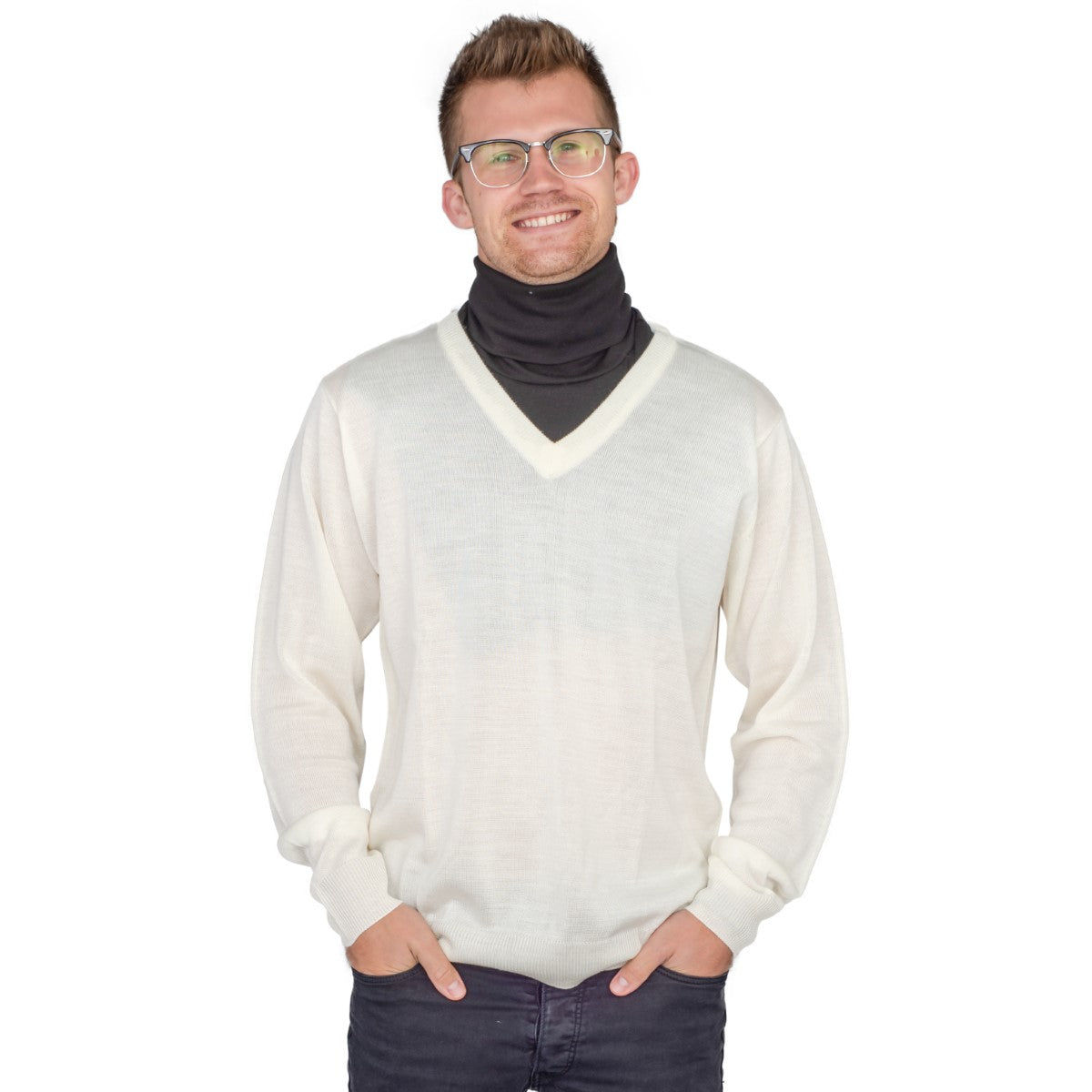 Crazy Cousin White V-Neck Sweater with Black Dickey 3